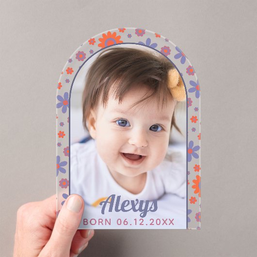 Retro 70s Flower Power Photo Aankondiging Acryl Uitnodigingen (Insitu (Draagbaar))