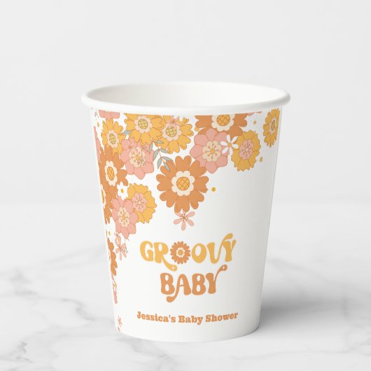 Retro 70s groovy baby floral baby shower papieren bekers (Achterkant)