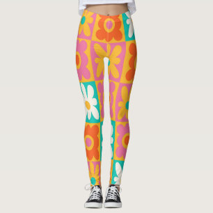 Retro 70s Groovy Bloem Motief Schachbrett Kleurrij Leggings