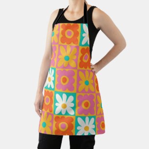 Retro 70s Groovy Bloem Motief Schachbrett Kleurrij Schort