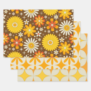 Retro 70s Groovy Bloemen met Atoom-uitbarstingen Inpakpapier Vel
