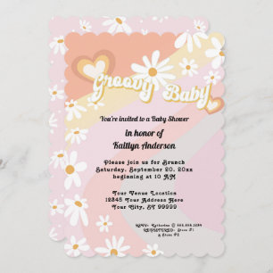 Retro 70s Groovy Daisy Peach Girl Baby shower Invi Kaart