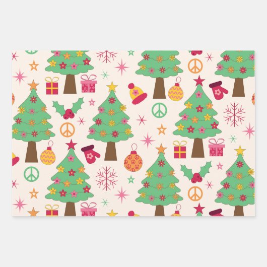 Retro 70s Groovy Kerstbomen Patroon Inpakpapier Vel (Voorkant 3)