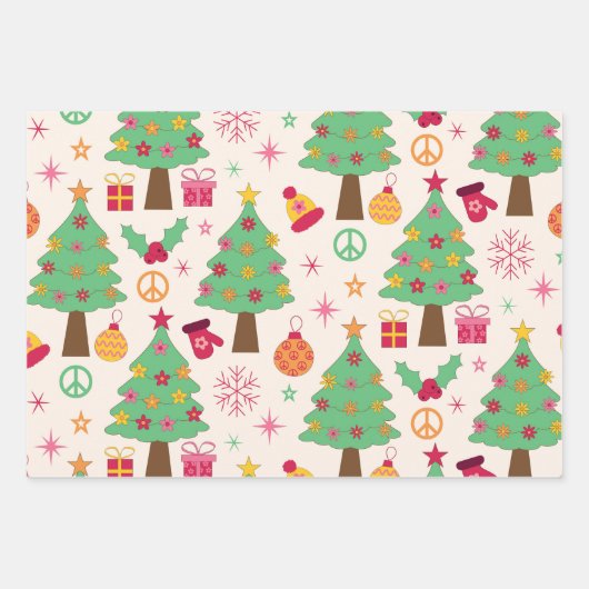 Retro 70s Groovy Kerstbomen Patroon Inpakpapier Vel (Voorkant)