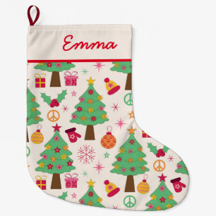 Retro 70s Groovy Kerstbomen Patroon Naam Grote Kerstsok