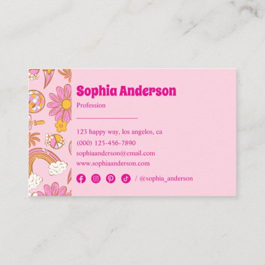 Retro 70s Groovy Roze Bloemen & Regenboog Funky Visitekaartje (Achterkant)