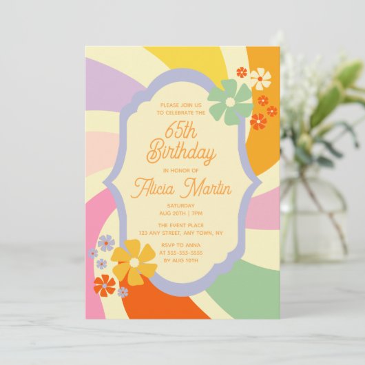 Retro 70s Groovy Wave Flower 65e verjaardag Kaart (Staand voorkant)