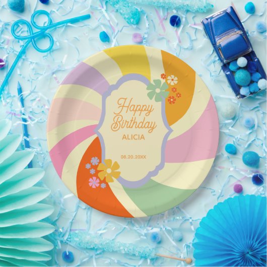 Retro 70s Groovy Wave Flower Gelukkige Verjaardag Papieren Bordje (Feest)