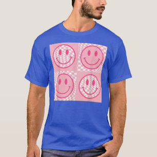Retro 70s Happy Face Pink Smile Face Checkered T-shirt