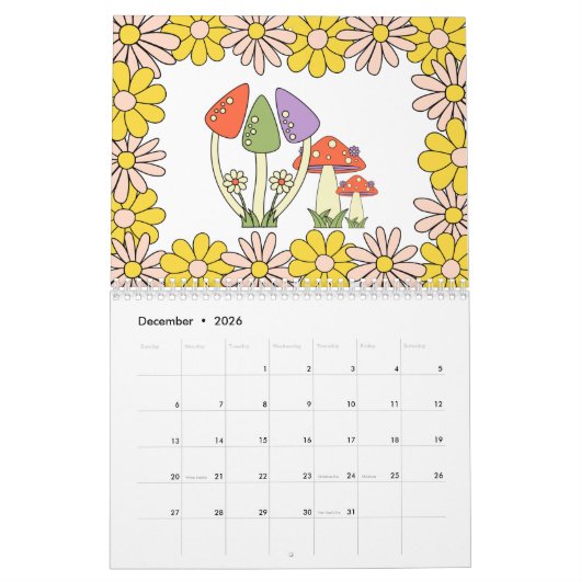 Retro 70s Hippie Groovy Mushroom & Bloem Kalender (Dec 2026)