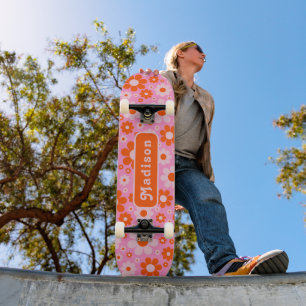 Retro 70s Madeliefje Oranje Roze Naam Skateboard