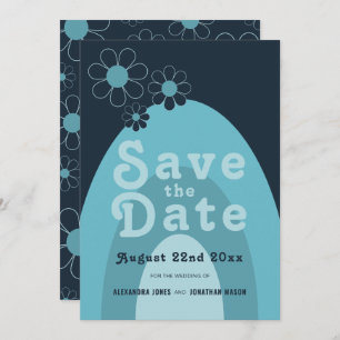 Retro 70s Mid Century moderne blauwe bruiloft Save The Date