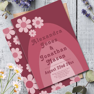 Retro 70s Moderne bordeaux roze bruiloft Kaart