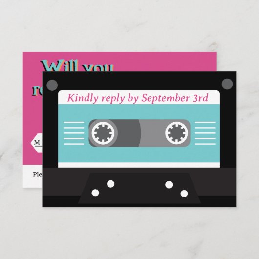 Retro 70s Music Cassettebandje Groovy Fuchsia Fun  RSVP Kaartje (Voorkant / Achterkant)