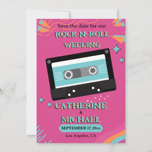 Retro 70s Music Cassettebandje Groovy Fuchsia Fun Save The Date (Voorkant)