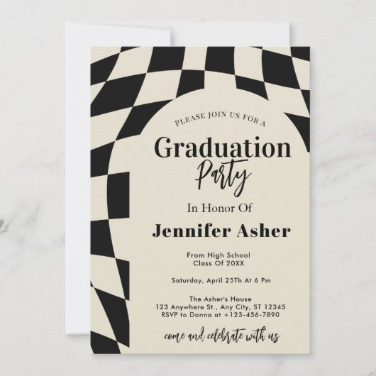 Retro 70s Navy Checkered Arch Foto Afstuderen Kaart (Voorkant)