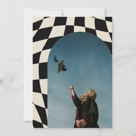 Retro 70s Navy Checkered Arch Foto Afstuderen Kaart (Achterkant)