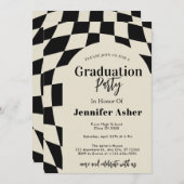 Retro 70s Navy Checkered Arch Foto Afstuderen Kaart (Voorkant / Achterkant)