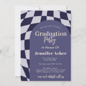 Retro 70s Navy Checkered Arch Foto Afstuderen Kaart (Voorkant)