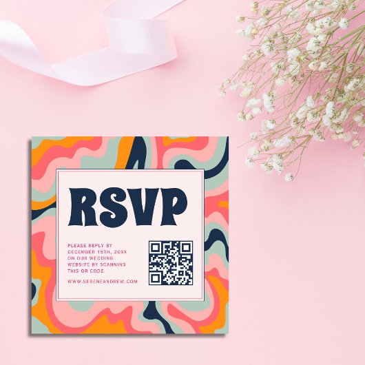 Retro 70s Pastel Roze Groovy QR Code RSVP Informatiekaartje
