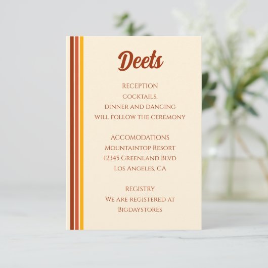 Retro 70s Rainbow Groovy Terracotta Oranje bruilof Informatiekaartje (Staand voorkant)