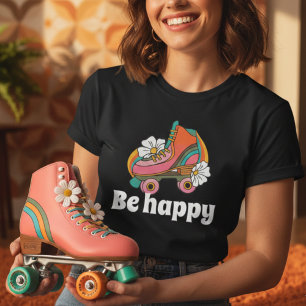 Retro 70s Roller Skate Daisy "Wees Gelukkig" Grafi T-shirt