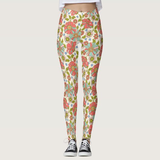Retro 70s Roze Aqua Floral Leggings (Voorkant)