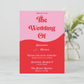 Retro 70s Roze en Rode Neon Wedding Uitnodiging (Staand voorkant)
