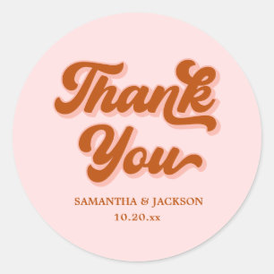 Retro 70s Roze Rood Sinaasappel Dank je bruiloft Ronde Sticker