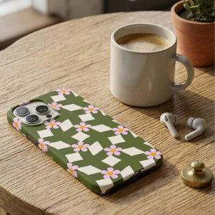 Retro 70s Saliegroen Geometrisch Bloemmotief iPhone 16 Pro Max Hoesje