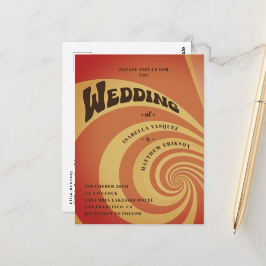 Retro 70s Sinaasappel Geel QR Code Huwelijk Briefkaart (Voorkant / Achterkant in situ)