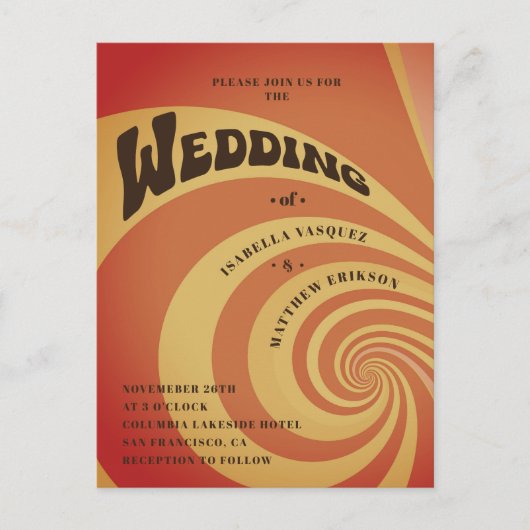 Retro 70s Sinaasappel Geel QR Code Huwelijk Briefkaart (Voorkant)