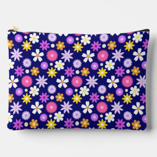 Retro 70s stijl bloemenpatroon op donkerblauw etui