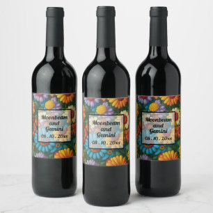 Retro 70s stijl kleurrijke madeliefjes wijn etiket