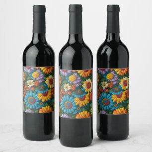 Retro 70s stijl kleurrijke madeliefjes wijn etiket