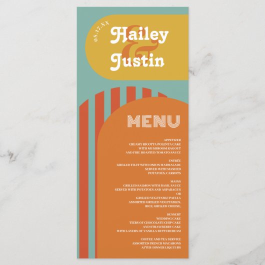 retro 70s terracotta arch bruiloft menu (Voorkant)