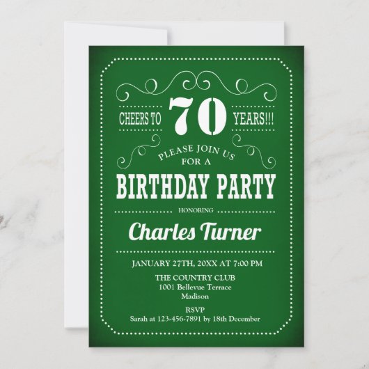 Retro 70th Birthday Party - Green White Kaart (Voorkant)