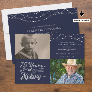 Retro 75th Birthday 2 Photo Navy Blue Silver Kaart