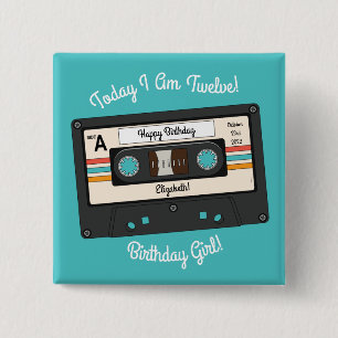Retro 80's 90 Cassettebandje Music Birthday Party Vierkante Button 5,1 Cm