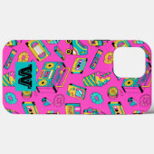 Retro 80s Fun Colorful Girly Neon Pink Monogram Case-Mate iPhone Case (Achterkant (horizontaal))