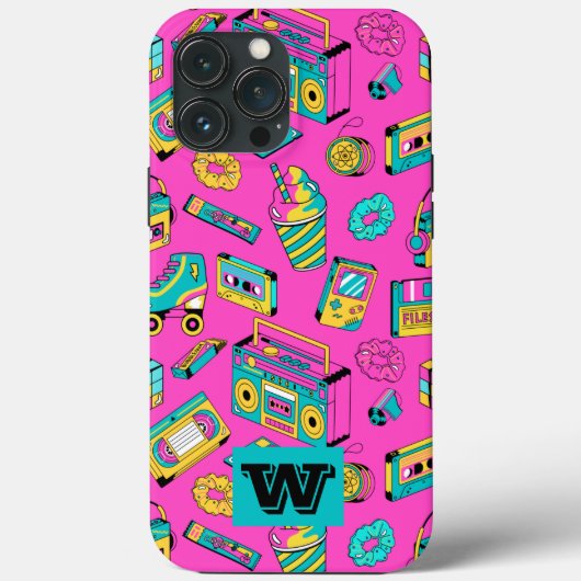 Retro 80s Fun Colorful Girly Neon Pink Monogram Case-Mate iPhone Case (Achterkant)