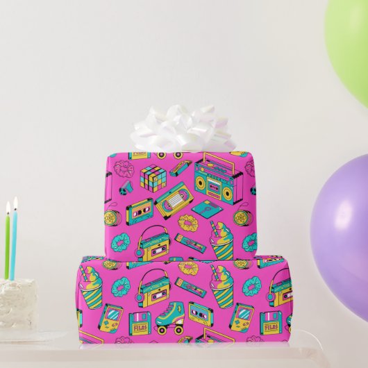 Retro 80s Fun Neon Pink Bright Music Pattern Girly Cadeaupapier (Feestgeschenken)