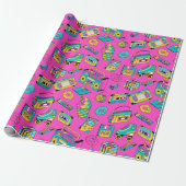 Retro 80s Fun Neon Pink Bright Music Pattern Girly Cadeaupapier (Uitgerold)
