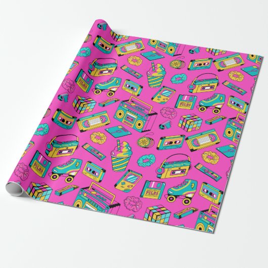 Retro 80s Fun Neon Pink Bright Music Pattern Girly Cadeaupapier (Uitgerold)
