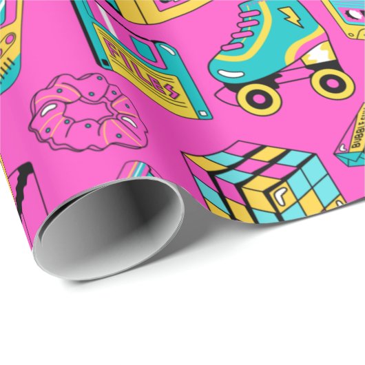 Retro 80s Fun Neon Pink Bright Music Pattern Girly Cadeaupapier (Rol Hoek)