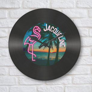 Retro 80s Muziek Record Tropische Neon Flamingo Grote Klok