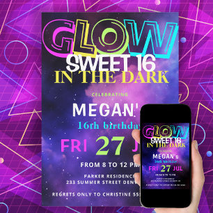 Retro 80's neon gloed in het donker Sweet 16 feest Kaart