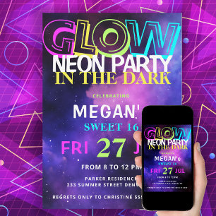 Retro 80's neon gloed in het donker Sweet 16 feest Kaart