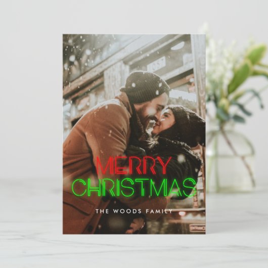 Retro 80s Neon Lights Vrolijke Kerstfoto Feestdagenkaart (Staand voorkant)