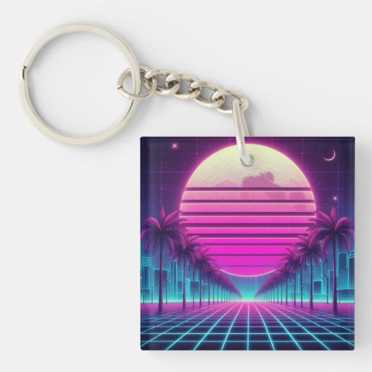 Retro, 80s neon maan/palmen sleutelhanger (voorkant)